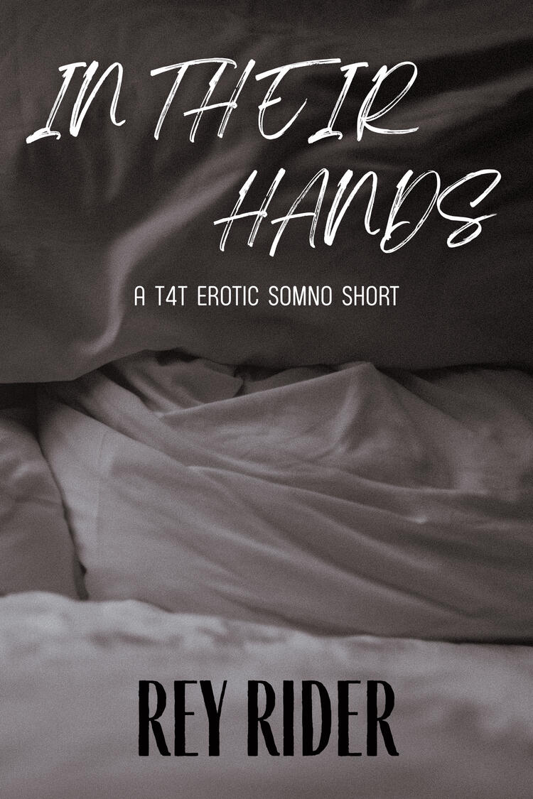 A book cover. The cover features a photo of white sheets with a grainy filter overlayed. The title reads: "In Their Hands. A t4t erotic somno shorts" in white font. Below, it reads ”Rey Rider.”